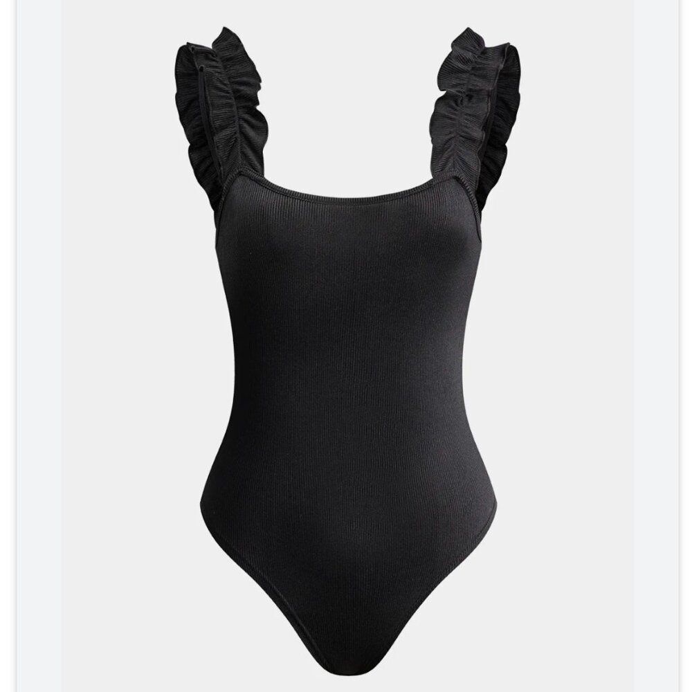 Women Zara Solid Ruched Crew Neck Bodysuit in Black Size Medium
